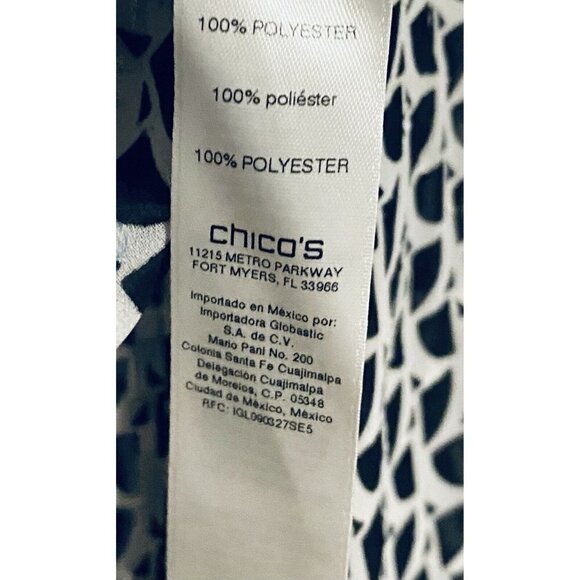 Chicos Top Womens Medium 8 White Black Geometric Bow Semi Sheer Long Sleeve - Picture 5 of 7
